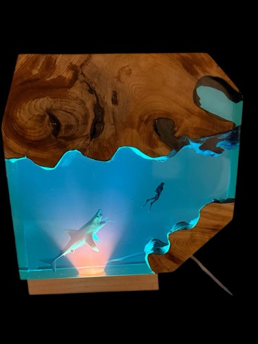 Underwater Aquatic Shark Diver Scene In Epoxy Resin Lamp, Light Home Decor