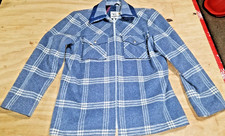 Vtg Pioneer Wear Jacket Blue Wool Plaid Western Zip Size 42 leather collar 1970