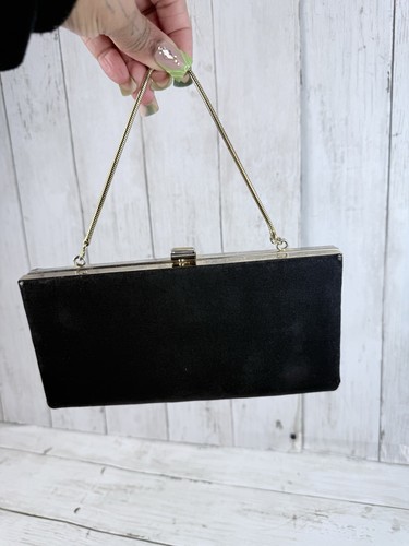 Vintage 80s Black & Gold Chain Strap Fabric Clutch Evening Wear Rectangle Small - Picture 12 of 12
