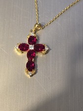 Gold-tone Cross With Red Glass Stones On 20" Chain