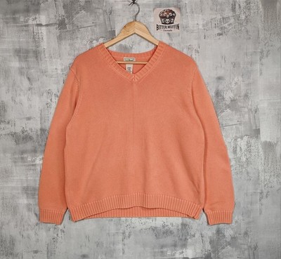 LL Bean Damen Pullover Orange Baumwolle V-Ausschnitt Größe L Regular Langarm Strick