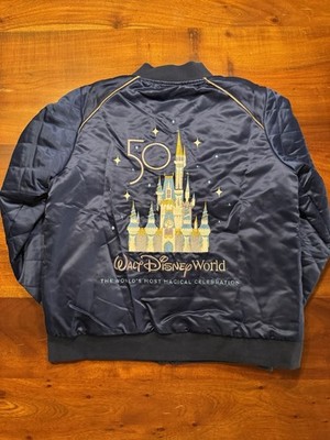 Disney World 50th Anniversary Blue Satin Bomber Jacket Castle Coat Full Zip Sz S