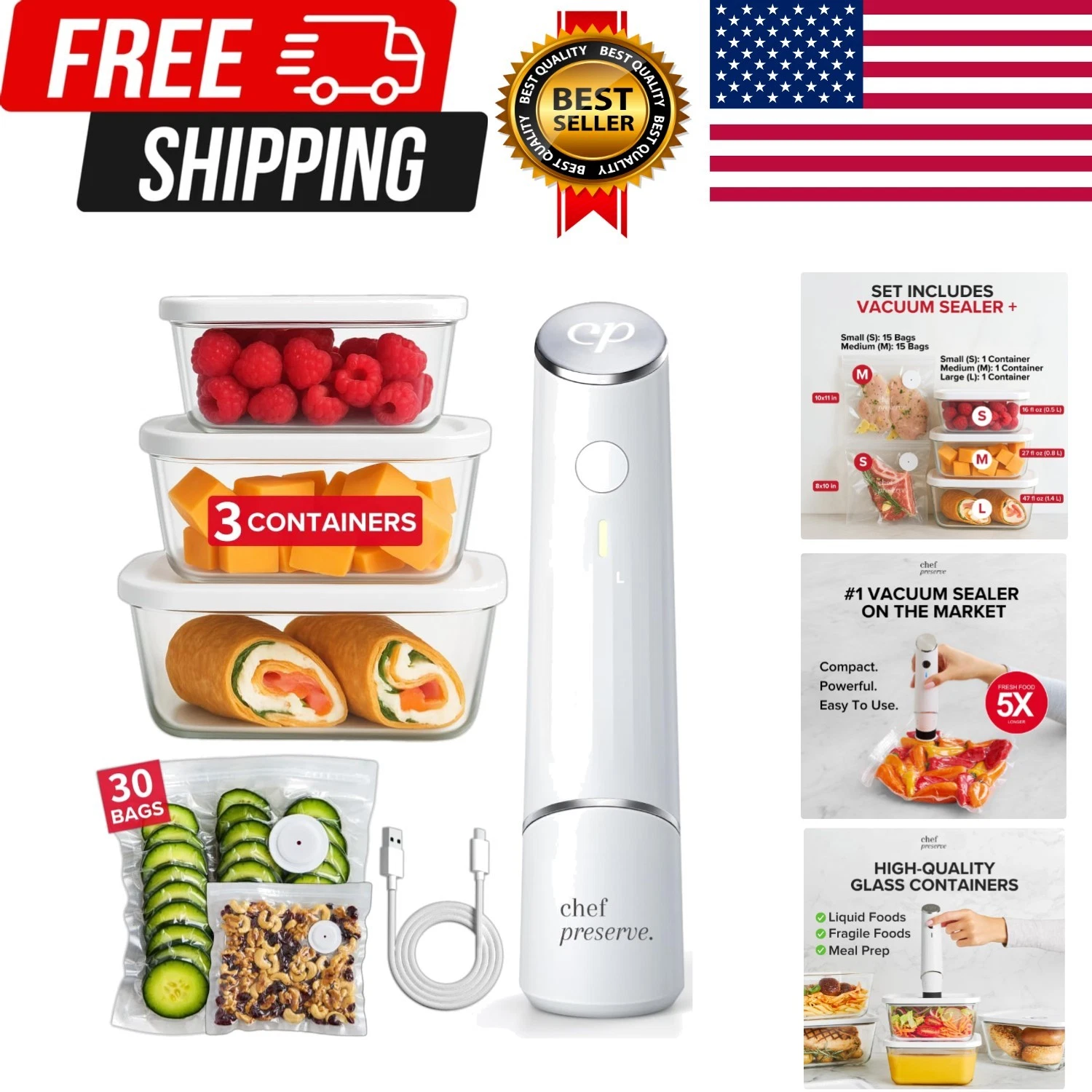 Vacuum Sealer Compact Machine 3 Glass Containers Included