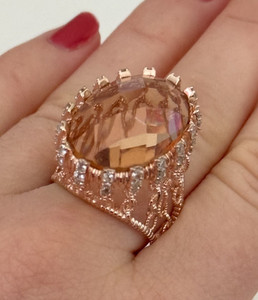 Authentic 925 Sterling Silver Rose Gold Plated Big Peach CZ Statement Ring Size 6.5