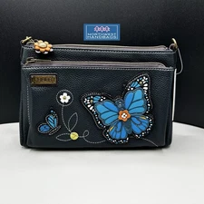 BLUE BUTTERFLY DELUXE CROSSBODY PURSE BAG NAVY CHALA