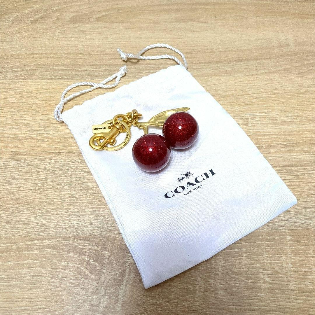 COACH Cherry Keychain Charm Red Glitter Gold Bag Charm Dust Bag YK239 image 4