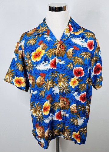 Roundy Bay Large Hawaiian Aloha Shirt Floral Pineapples Drums Palms Blue Poly - Picture 2 of 4