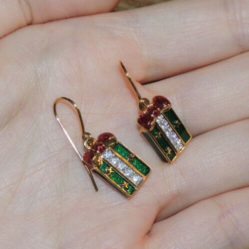 Signed SWAROVSKI Swan Green Red Enamel Crystal XMAS Present Gift Box Earrings - Picture 3 of 7