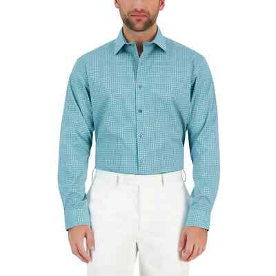 Alfani Mens Printed Cotton Dress Shirt, Teal, XL