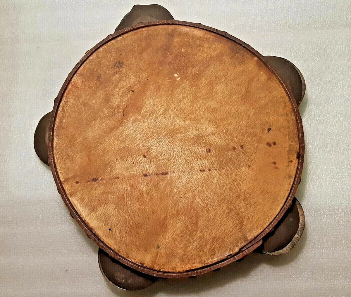 VERY RARE ANTIQUE TAMBOURINE HANDMADE WOOD AND ANIMAL SKIN 8.5
