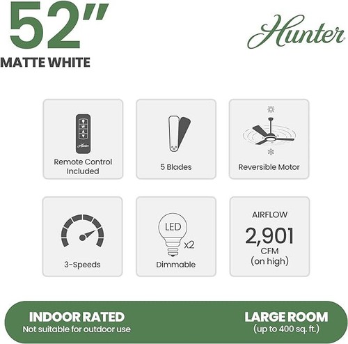 Hunter Fan CC52591-A 52" Indoor Ceiling Fan Light Kit Remote - Matte White - Picture 3 of 4