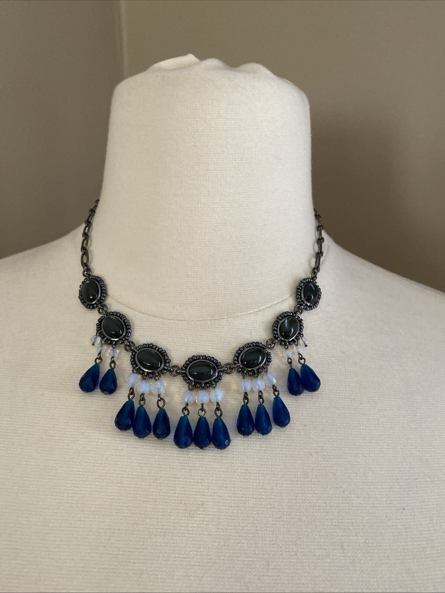 1976 Liz Claiborne Blue Multi SilverTone Beaded Tassel Statement