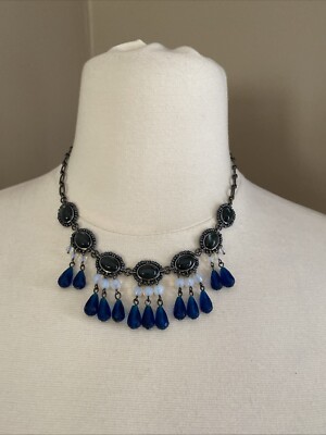 1976 Liz Claiborne Blue Multi SilverTone Beaded Tassel Statement