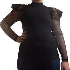 Elegant Black Sheer Long Sleeve Top W/ Embellishments On The Sleeves Size Small!
