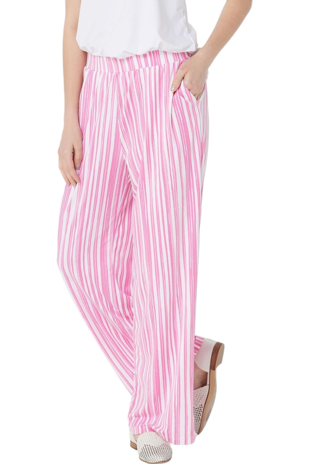 Широкие брюки Elizabeth & Clarke с принтом в розовую полоску StainTech