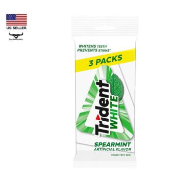 Trident White Spearmint Sugar Free Gum 3 pack Whitens Teeth Prevents Stains