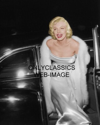 CANDID MARILYN MONROE EXITS CAR 8x10 PHOTO STRAPLESS SATIN DRESS FUR COAT PINUP