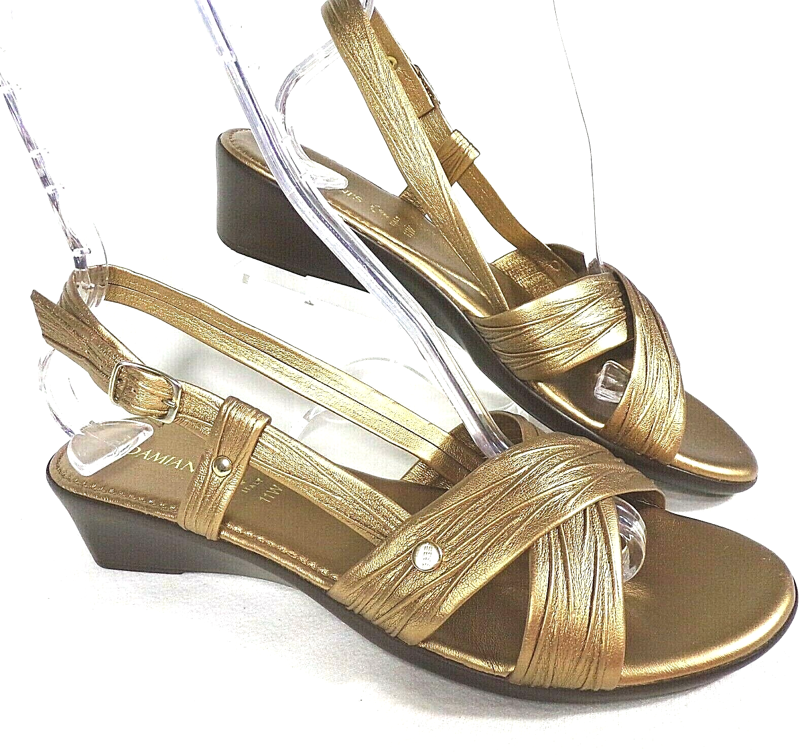 Gold Buckle Strap Wedge Sandals by Damiani Size 11 M-image
