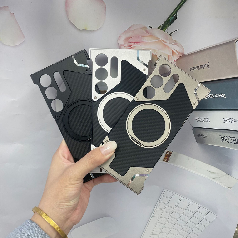Carbon Fiber Metal 2in1 Frameless Magnetic Ring Case For Samsung S24 S23 Ultra