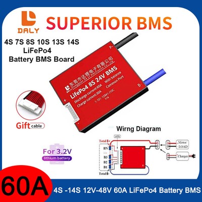 Daly BMS LiFePo4 4S-14S 60A Battery BMS Protection Board Common Port Balance NEW