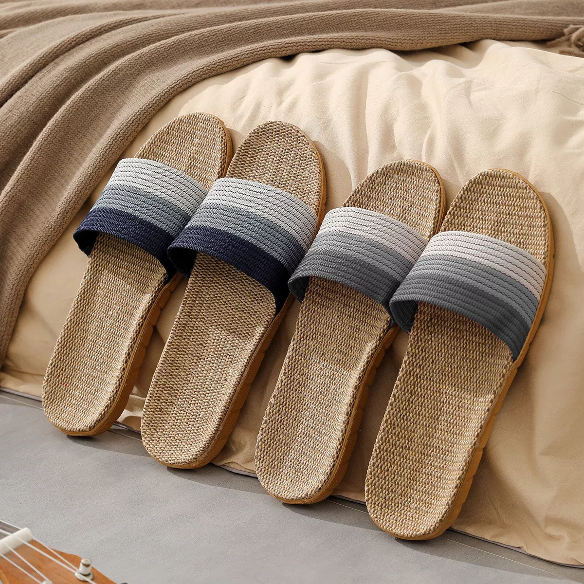 Men s Fashion Couples Linen Slip On Slides Indoor Home Slippers