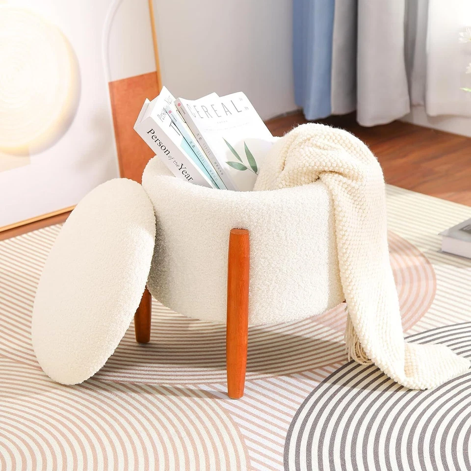 Round Storage Ottoman Teddy Velvet Footrest Vanity Stool Footstool Bedroom - Image 2 of 4