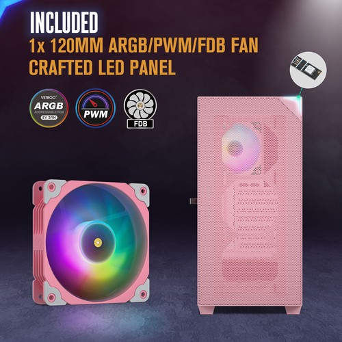VETROO AL800 Pink Mid Tower PC Computer Case E-ATX/ATX Tempered Glass Type-C - Picture 2 of 8