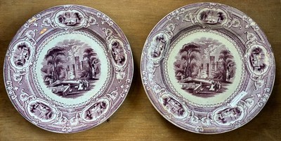Pr Staffordshire Mulberry Purple Transferware Plates...''Corinthia'' Pattern 8.5''