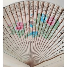 Vintage Chinese Wooden Folding Fan With Peacock And Landscape Design