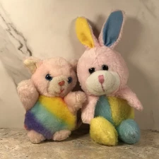 VINTAGE DAN BRECHNER RAINBOW KITTEN & GREENBRIER COLORBLOCK BUNNY PLUSH BUNDLE