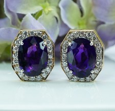 Natural Diamond Large Vintage African Amethyst 14K Gold Earrings Designer Sign