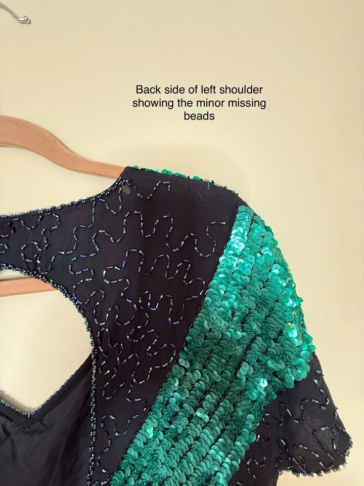 Vestido de seda vintage Alyce Designs negro, verde y azul cuentas/lentejuelas talla 2/4 Foto 4 de 4