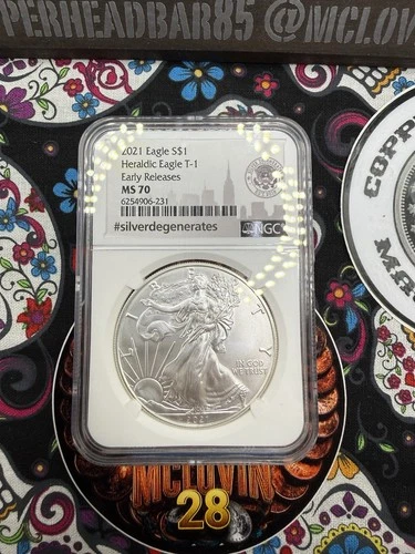 2021 Silver Eagle T‑1 • NGC MS70 • Early Releases • Heraldic Eagle. (Milk Spots)