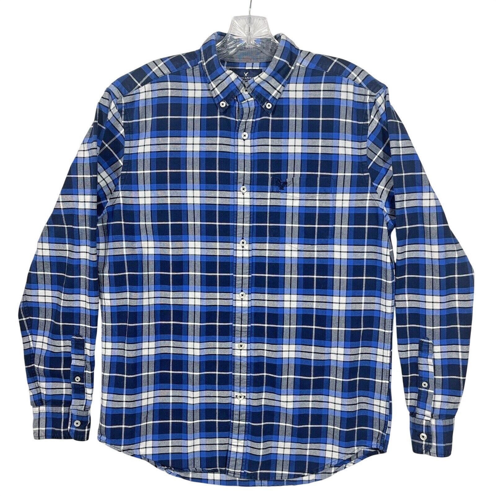 American Eagle Button Down Shirt Mens Medium Blue Plaid Classic Fit Long Sleeve