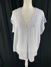 Rails Nala Blue Iris Stripe Linen Blend V-Neck Blouse Sz L
