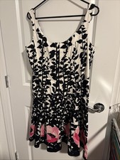 Nine West Sleeveless Corset Dress Black/white/pink Floral Border Fit Flare 12