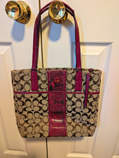 Coach Signature Logo Zip Top Tote Medium Brown/Burgundy Patent Trim Gold HW
