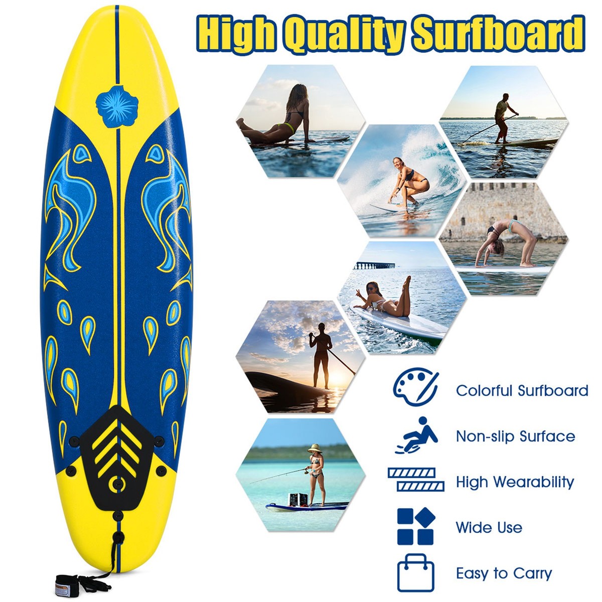 6ft Surfing Body Board w/ 3 Removable Fins Safety Leash