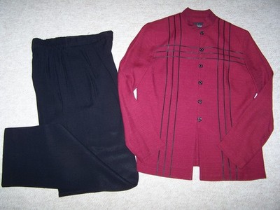 JOHN ROBERTS 2Pc Pant Suit 6 Black/Mauve Mandarin Collar Business Work Elastic
