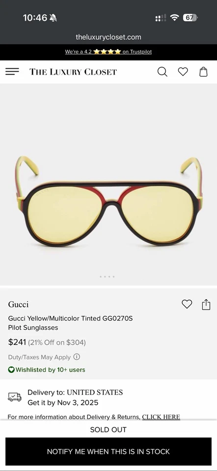 Gafas de sol piloto Gucci amarillas/multicolor tintadas GG0270S Foto 4 de 4