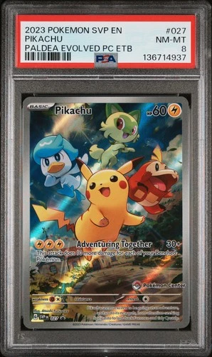2023 POKEMON PALDEA EVOLVED POKEMON CENTER ETB PROMO SVP #027 PIKACHU PSA 8