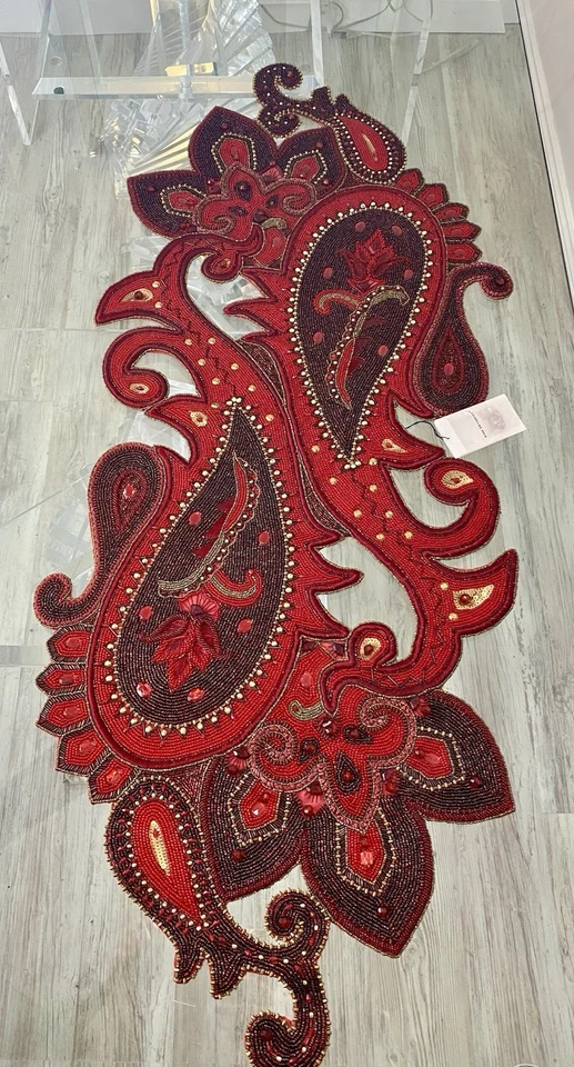 Kim Seybert Red Gold Holiday Decor Christmas Paisley Beaded Table Runner READ - Image 3 of 4