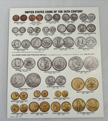 US COINS OF THE 20TH CENTURY COLOR DISPLAY SIGN POSTER  US GOLD SILVER DOLLARS +