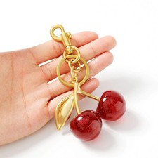 Cherry Bag Charm Red Glitter resin Gold Tone Leaf Key chain Accessory