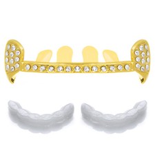Gold Plated Iced Out Vampire Fangs Slim Bar Top Teeth Grillz 1 Extra Mold L620G