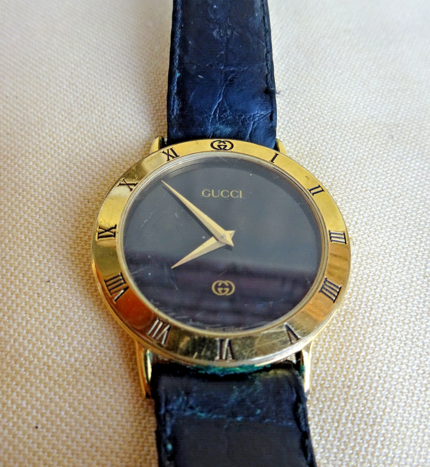 Vintage GUCCI Men's Watch 3000 M Black Dial Leather Strap Working Gold