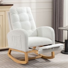 Accent Rocking Chair with Footrest High Back Rubber Wood Rocking Legs Bedroom