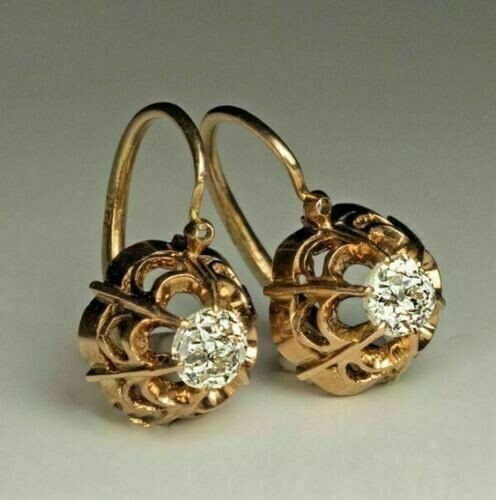1Ct Round Cut Moissanitei Vintage Drop/Dangle Earrings In 14K Yellow Gold Plated - Picture 4 of 7