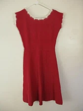 Handmade knit dress fit flare red/pink fuzzy white trim vintage women's S