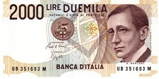 Italy 2,000 Guglielmo Marconi Lire Banknote.